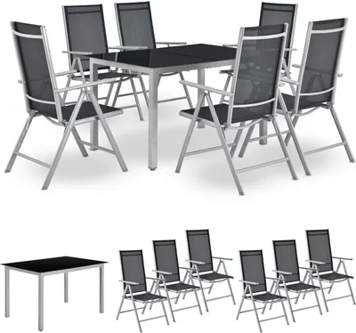 A set of outdoor furniture, including a table and chairs, displayed against a white background.