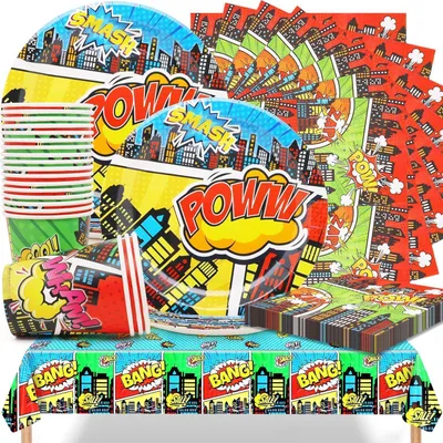 Immagine prodotto di Set di stoviglie a tema supereroi per 20 persone: 20 piatti, 20 bicchieri, 20 tovaglioli, 1 tovaglia