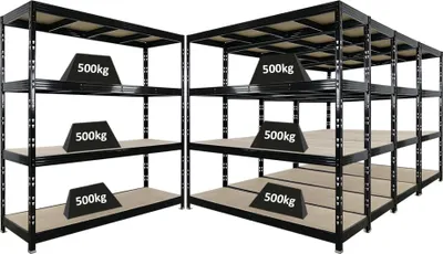 Produktbild von Mega Deal | 5x Profi Schwerlastregal Rhino | HxBxT 200x200x60cm | 4 Spanplatten-Ebenen 16mm | Fachlast 500kg | Schwarz