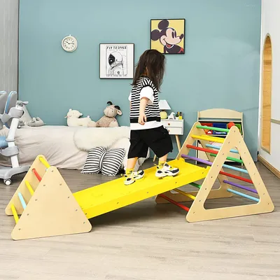 Produktbild von 3 in 1 Kletterdreieck mit Rutschbrett & Leiter, Indoor Klettergerüst klappbar, Holzdreieck Sprossendreieck Klettergerät, Kletterspielzeug Set aus Holz, für Kinder ab 3 Jahre