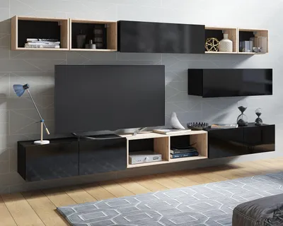 Produktbild von Wohnwand Amanda XV Schrankwand TV Schrank Hängende Regale Bücherregale Stilvoll Wohnzimmer-Set viel Stauraum (Schwarz matt + Schwarz Hochglanz Fronten / Artisan Eiche)