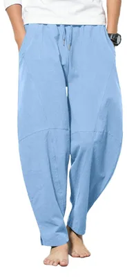 Image de Pantalon en lin pour hommes - Pantalon long décontracté - Bleu