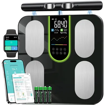 Produktbild von Körperfettwaage Personenwaage Digital 8-Elektroden Bluetooth App Smart Körperanalysewaage, 58 Körperdaten Fett, Muskel, Protein, BMI, BMR, Großes Display, Gehärtetes Glas, 180kg/4001bs, 24 Benutzer –