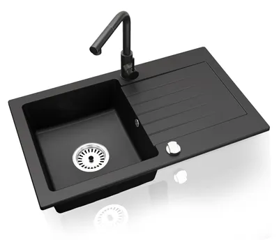 Produktbild von Faizee Home Granitspüle 75 x 44 cm Nachtschwarz – inklusive Armatur Side in Schwarz – eckige Einbauspüle aus Granit – beidseitig montierbar, kratzfest, hitzebeständig – modernes Spülbecken