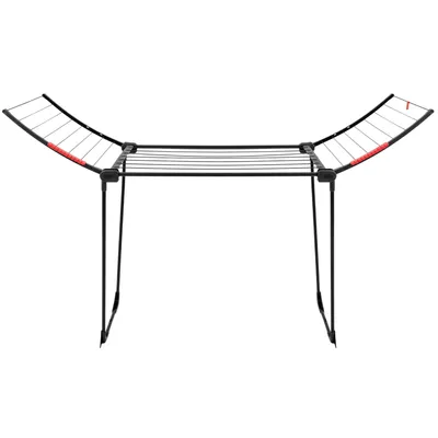 A black foldable drying rack with red accents, shown against a white background.