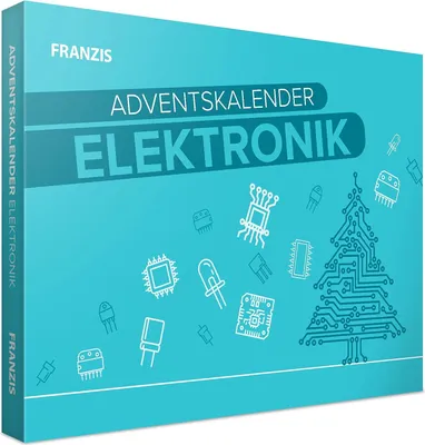 The image shows the cover of an electronics advent calendar with various electronic components illustrated on a blue background.