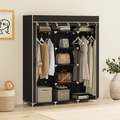 Mondeer Kleiderschrank Stoffschrank Faltschrank Garderobe mit Kleiderstange 3 hochrollbaren Türen 175*150*45cm Schwarz