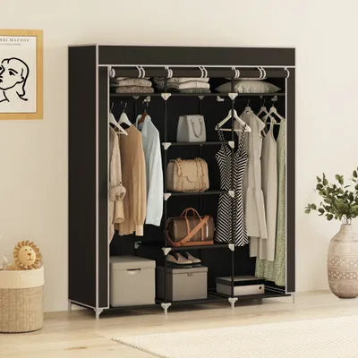 Produktbild von Mondeer Kleiderschrank Stoffschrank Faltschrank Garderobe mit Kleiderstange 3 hochrollbaren Türen 175*150*45cm Schwarz