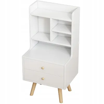 A white bedside table with two drawers and a small bookshelf on top, shown against a white background.
