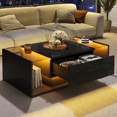Image de MODFU Table Basse Moderne - Table de Salon Noir avec 1 Tiroir et Éclairage LED, MDF et Verre, 100x50x31 cm