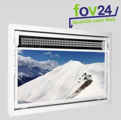A white window frame with a view of snow-covered mountains through it, with a black ventilation grille at the top.