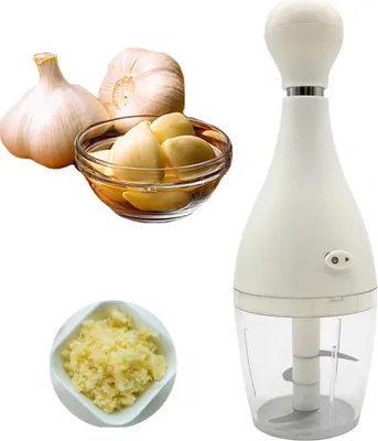 A collage of garlic and a garlic chopper.