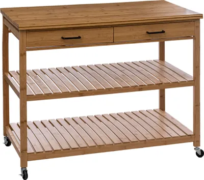A bamboo kitchen island on wheels against a white background.