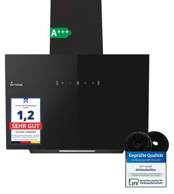 Produktbild von KKT KOLBE Dunstabzugshaube 60 cm Umluft Abluft Kopffrei Wandhaube Schwarz Glas LED-Beleuchtung Edelstahl SensorTouch BASE6004S