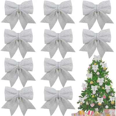 Produktbild von 10 Stück weiße Weihnachts-Schleifen mit Glitzer, Christbaumschmuck, Geschenkschleifen, Deko, 14x15cm