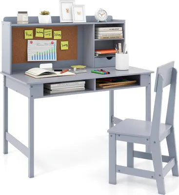 Produktbild von COSTWAY Schreibtisch Kinder, Kinderschreibtisch Set, Jugenschreibtisch mit Pinnwand, Stuhl, Aufsatz, Schublade & Regalen, für Kinder ab 3+, Grau