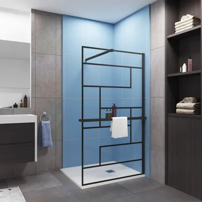 Produktbild von AICA 80x200cm 8mm NANO Glas Walk In Schwarz Duschwand mit Glasdekor Gitter mit Duschregal Handtuchhalter mit Ausziehbar Stabilisator F084B