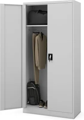 Productafbeelding van Metalen kast 185 x 90 x 45 cm | Kantoorkast, afsluitbaar, met kledingroede, gepoedercoat | Opbergkast, kleedkast, omkleedruimte, kledingroede | Grijs