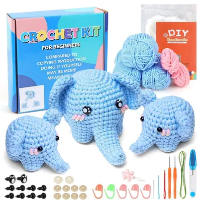 Productafbeelding van Haakset voor beginners, 3 olifanten, garen, naalden, video-instructie, blauw