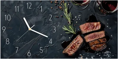 Produktbild von Wanduhr aus Glas mit Motiv Steak und Rotwein- 60 x 30 cm - inkl. Aufhängesystem