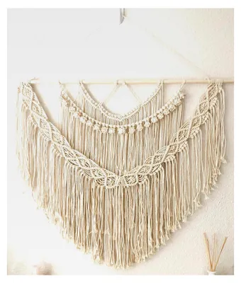 Produktbild von Großer Wandbehang Makramee über Kopfteil Beige, handgemachter Wandteppich, böhmisches Wanddekor, Makramee-Hochzeits-Hintergrund aus Baumwollseil, 90 cm B x 80 cm L