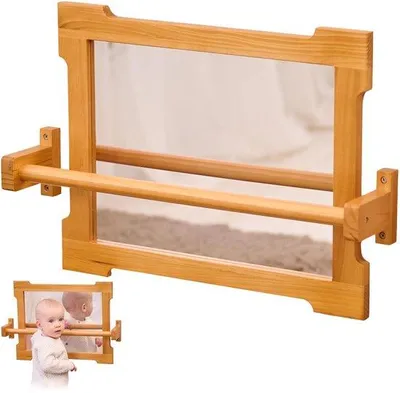 Immagine prodotto di Specchio Montessori con barra per bambini - barra di trazione per stare in piedi e camminare in modo indipendente - barra di equilibrio in legno - specchio da parete.