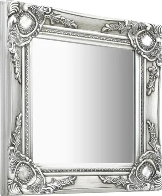 A silver baroque-style wall mirror is shown from a slightly angled perspective.