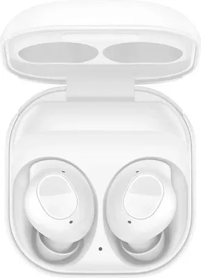 A pair of white Samsung Galaxy Buds FE wireless earbuds are shown inside their open white charging case.