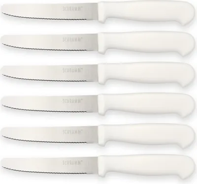 Produktbild von Schramm® 6 Stück Frühstücksmesser wählbar in schwarz, weiß oder bunt Brötchenmesser Brotzeitmesser mit Wellenschliff Tafelmesser Edelstahl ca. 22 cm lang, Farbe:weiss