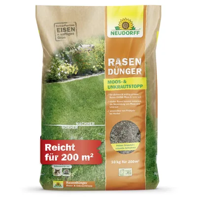 Produktbild von Neudorff RasenDünger Moos- & UnkrautStopp 10kg für 200m² Dünger mit Extra Eisen für dichten, grünen Rasen ohne Unkraut