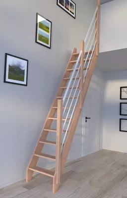 Produktbild von Raumspartreppe Buche 3000 mit Holz-Edelstahl Geländer in weiß rechts
