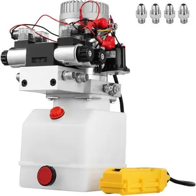 Productafbeelding van Hydraulische pomp, 12V DC, dubbelwerkend, met een tank van 4,5 liter, voorzien van dubbele magneetafsluitingen, geschikt voor toepassingen in kipprocessen en hefapparatuur
