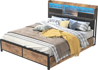 Immagine prodotto di Letto matrimoniale Fortuna Lai 140x200 cm, letto in metallo con rete a doghe, LED e mensola, letto contenitore, nero