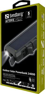 The image shows the packaging of a Sandberg Outdoor Solar Powerbank 24000.