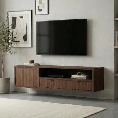 Produktbild von BEAUTYSOFA | Hängender TV-Schrank EVRON 150 cm, Fernseherschrank mit 2 Schubladen, 1 Tür und offener Ablage, Braun Walnuss