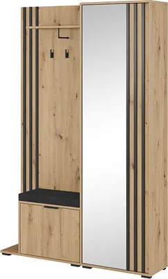 Produktbild von BETTSO Flurgarderobe Garderobe mit Spiegel und Kissen Flurmöbel mit Ablage und Schuhschrank für Flur Nelly Eiche Artisan mit Schwarz Lamellen