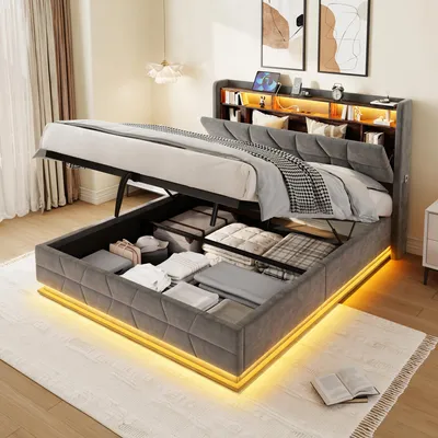 Produktbild von Polsterbett 140*200cm mit LED-Beleuchtung Offene Regale, Seitentaschen, USB/Type-C-Ladestation, Stauraum-Kopfbrett plus Federholzrahmen, Dunkelgrau