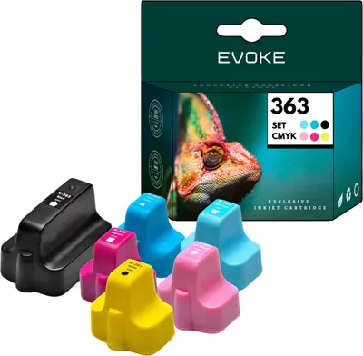 A product shot of printer ink cartridges and their packaging.