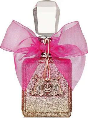 A Juicy Couture Viva La Juicy Rose Eau de Parfum bottle with a pink bow and glitter.