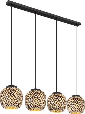 A linear pendant light fixture with four woven basket-like shades hanging from a black bar.
