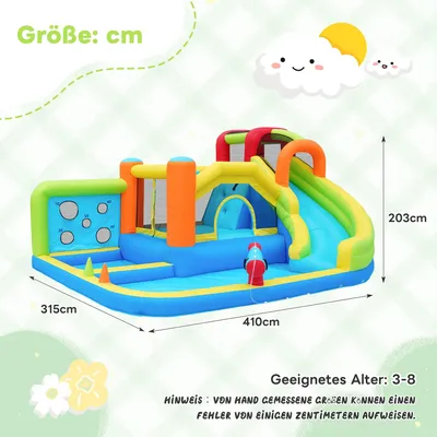 Produktbild von Kinderspielcenter - Aufblasbarer Wasserpark mit Trampolin - Wasserrutsche, Kletterwand, Wurfwand, Basketballkorb