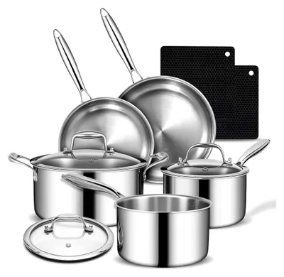 Produktbild von 10-teiliges Topf- und Pfannen-Set aus Edelstahl – Induktionsgeeignet, Töpfe und Pfannen mit Antihaftbeschichtung – 24 cm Kasserolle mit Deckel, Stielkasserolle mit Deckel und Bratpfanne, PFOA-frei