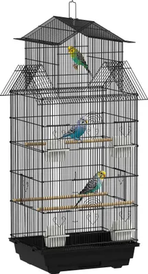 Image de PawHut Cage à oiseaux design maison mangeoires perchoirs 3 portes plateau excrément amovible + poignée transport 50,5 x 41 x 104 cm noir