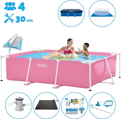 Produktbild von Intex-Schwimmbecken mit rechteckigem Rahmen – 220 x 150 x 60 cm – Rosa – im Lieferumfang enthalten Abdeckung - Bodenplane - Filterpumpe für Schwimmbad - Solarmatte - Wartungspaket - Reinigungskit