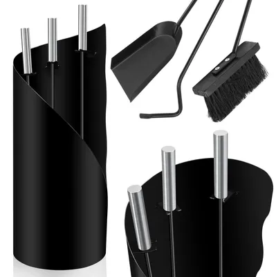 Immagine prodotto di Set di accessori per caminetto, composto da 4 pezzi, con contenitore, colore nero, realizzato in ferro e acciaio inossidabile