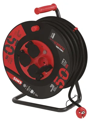 Venkovní prodlužovací kabel na bubnu 50 m / 4 zás. / černý / guma-neopren / 230V / 2,5 mm2