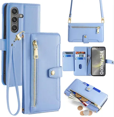 Produktbild von Handykette Samsung Hülle mit Band Handyhülle Kartenfächer Kunstleder Umhängetasche Galaxy S24 Hellblau
