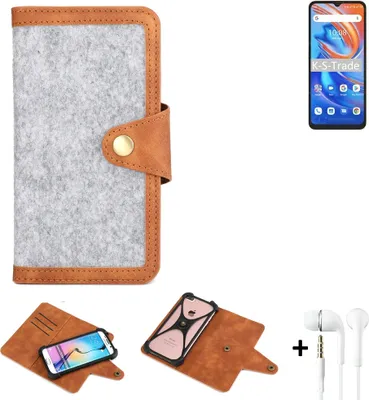Produktbild von K-S-Trade Handyhülle + Kopfhörer kompatibel mit UMIDIGI A13S Schutzhülle Filz Hülle Kunstleder hellgrau braun (1x)