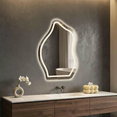 Produktbild von AIORBER LED Badspiegel Unregelmäßig Touch Anti-Beschlag 3 Lichtfarben Dimmbar Wandspiegel Design Asymmetrisch Badezimmerspiegel, 40x60 cm, Silber