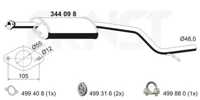 Produktbild von ERNST 344098 Mittelschalldämpfer Schalldämpfer für FORD MONDEO III Kombi (BWY) MONDEO III (B5Y) MONDEO III Stufenheck (B4Y)